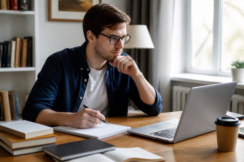 Writer sitting at desk with laptop and notebook, thoughtfully reviewing options on screen with a cup of coffee nearby, natural window lighting in background