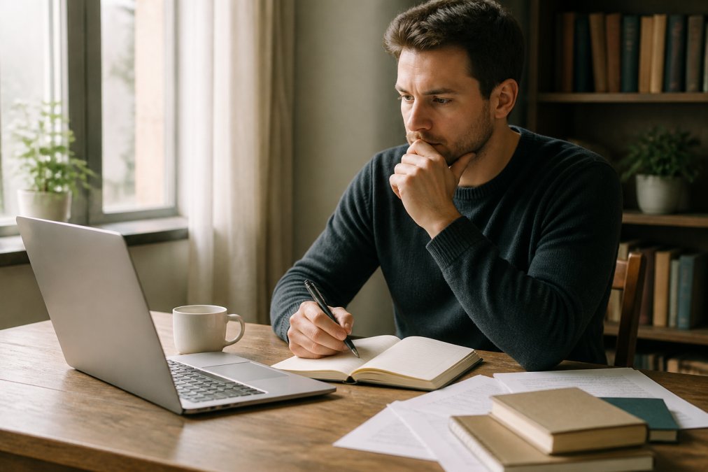 Writer sitting at desk with laptop and notebook, thoughtfully reviewing options on screen with a cup of coffee nearby, natural window lighting in background