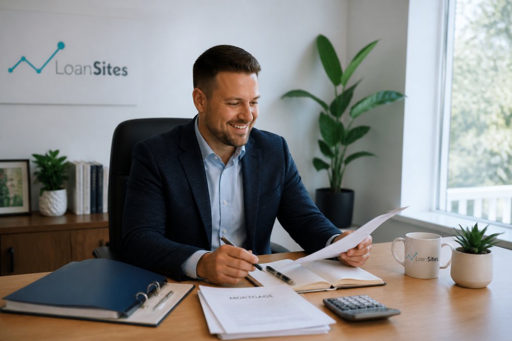 Loan officer at desk smiling while reviewing borrower inquiry on computer screen, with mortgage documents and coffee nearby