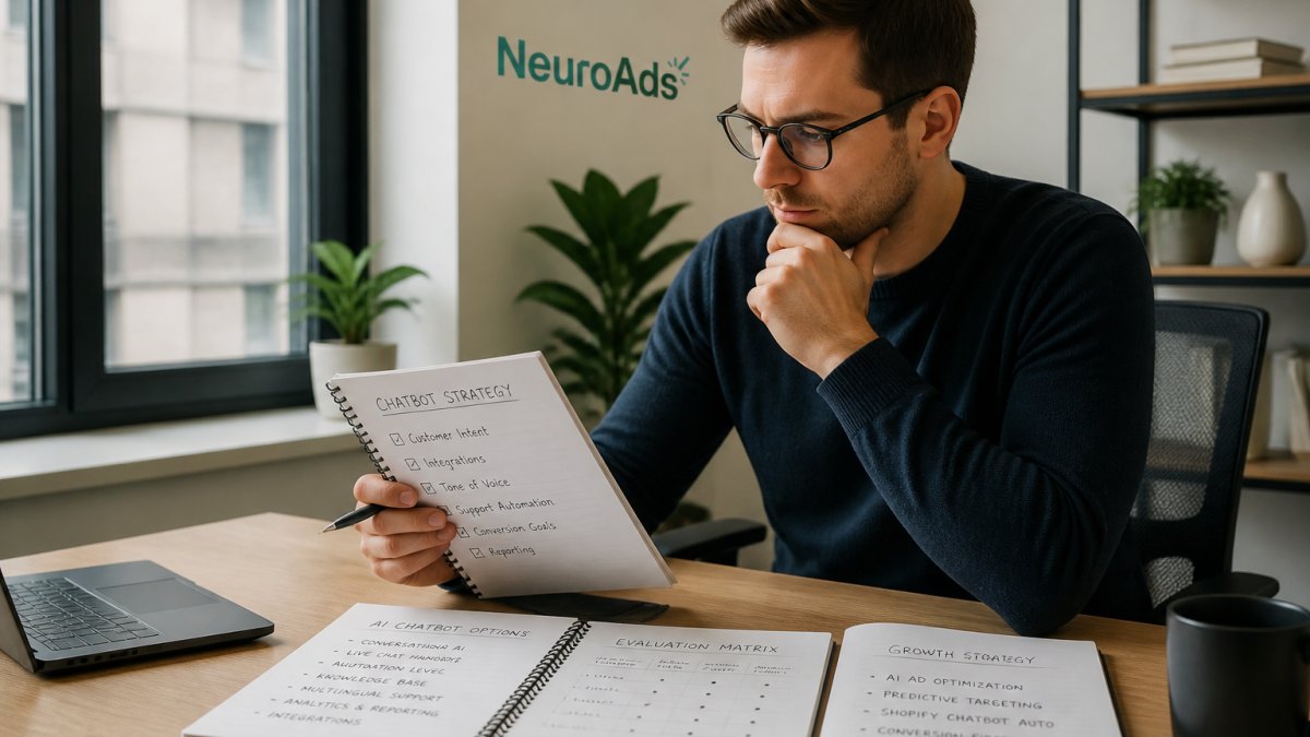 Professional at a desk reviewing AI chatbot interfaces and analytics on a computer screen
