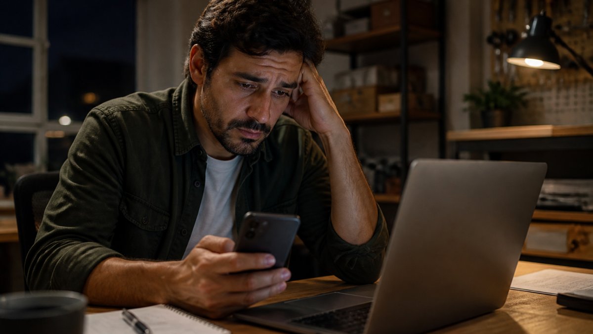 A small business owner in a workshop office at night, phone lighting up with a missed call notification beside a laptop showing an unanswered chat window