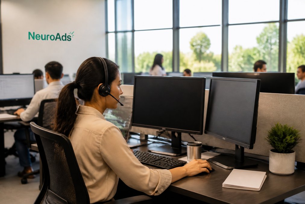 Customer service representative monitoring live chat conversations on multiple screens with AI-powered response suggestions displayed prominently on the interface, modern office setting with natural lighting