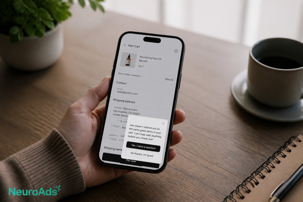 Smartphone showing an e-commerce checkout page with an AI chatbot pop-up offering personalized help to a customer, modern minimalist design with natural lighting