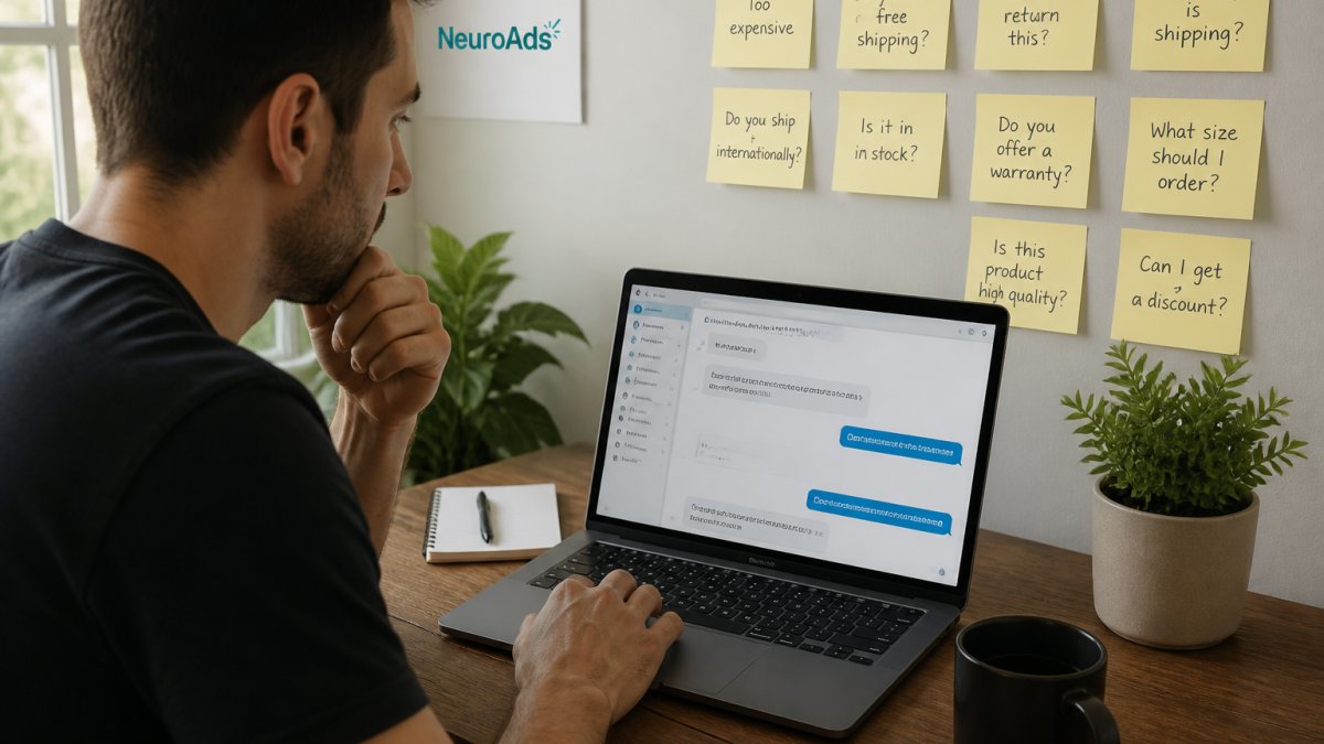 A Shopify store owner at a desk reviewing a laptop screen showing a chat conversation with a customer, sticky notes with objection notes on the wall behind