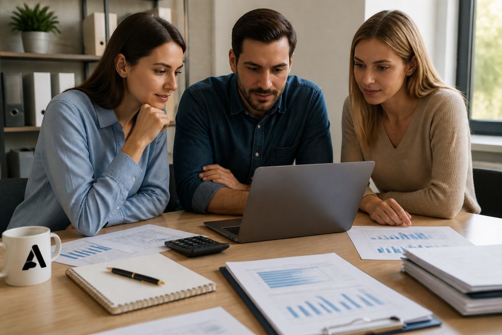 Small business team of two or three people gathered around a laptop on a desk, reviewing software options together in a compact, well-lit office space