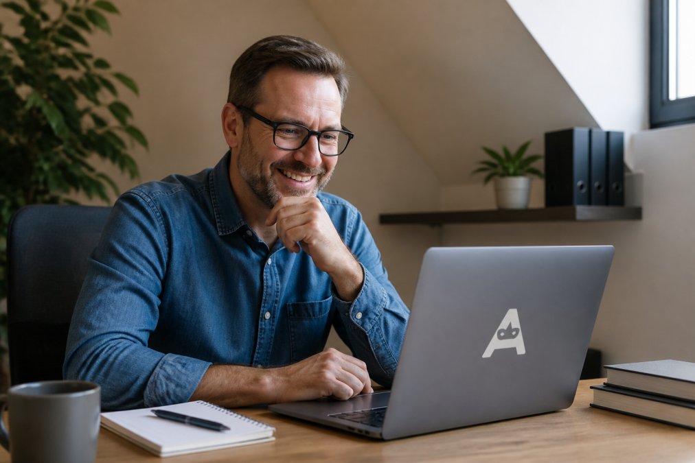 Business owner at a desk smiling while looking at a laptop screen showing a chat interface, with a notepad and coffee cup nearby in a relaxed office setting