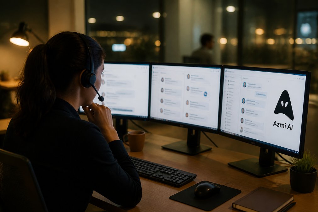 Customer service team member monitoring multiple screens with chat notifications from global customers, soft evening lighting illuminating the workspace, showing real-time conversations across different time zones