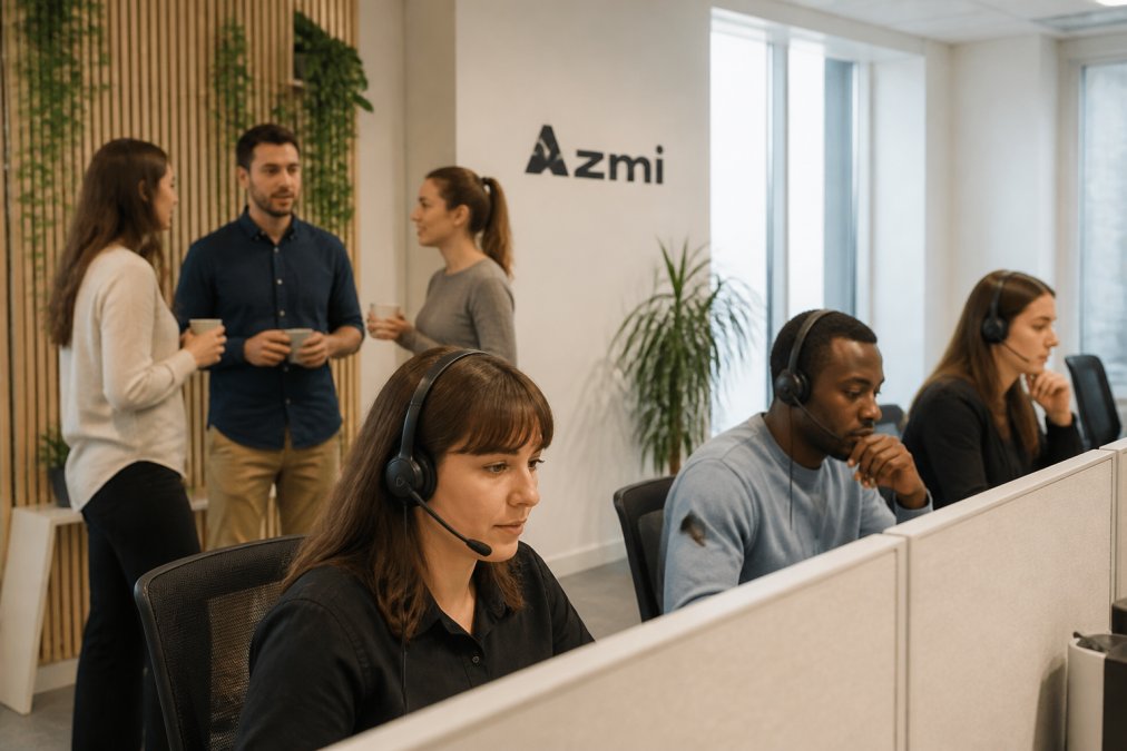 Modern customer service team collaborating in an open office, some agents focused on screens managing escalations while others are in discussion, representing seamless human-AI teamwork and workflow integration