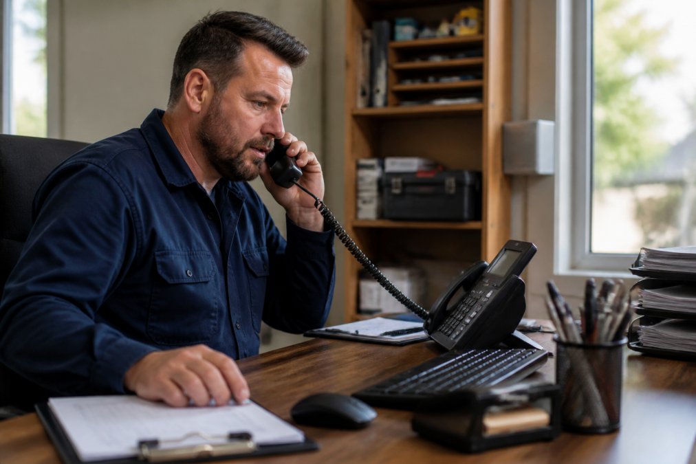 Plumber at service desk answering phone call during business hours with computer displaying scheduling software and calendar visible, modern office setting with natural lighting
