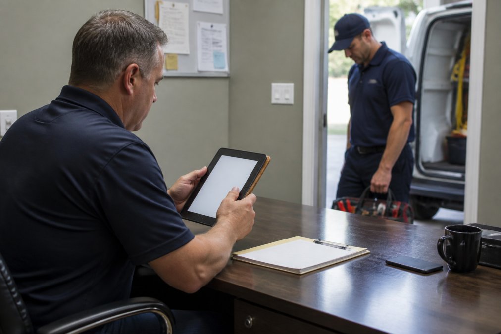 Plumbing business owner reviewing dispatch software on tablet with technician in background preparing for service call, professional office setting with scheduling display visible