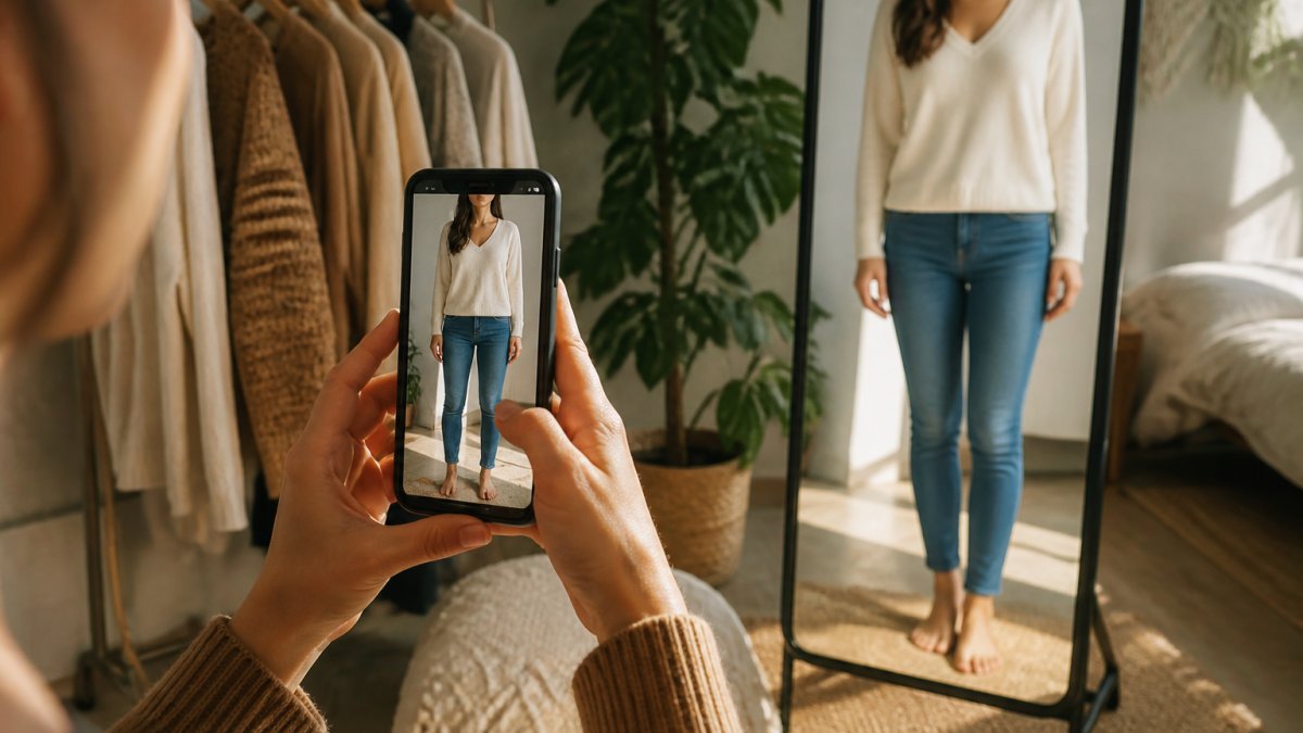 Person using a smartphone to upload a body photo for an AI clothing fit tool, considering its pricing and accuracy.