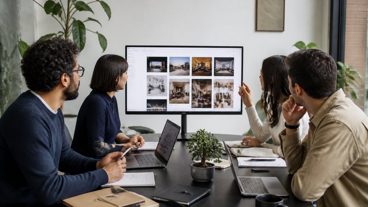Professional team of digital agency staff gathered around a desk reviewing a shared project dashboard on a monitor, with laptops and notebooks visible, appearing focused and collaborative