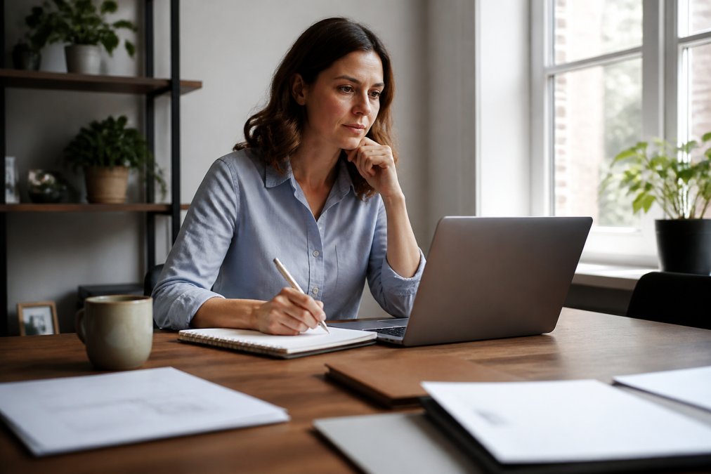 A small business owner at a desk with a laptop open to a content calendar, notepad and coffee beside them, natural light from a window, focused expression