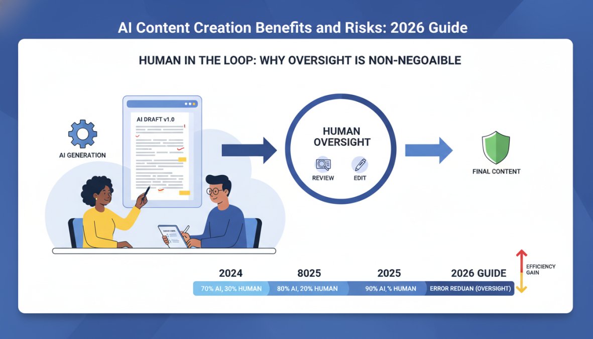 A diverse team of two professionals collaborating at a desk, one pointing at a screen showing a document editor while the other takes notes, suggesting editorial review of AI-written content, in a bright modern office with large windows