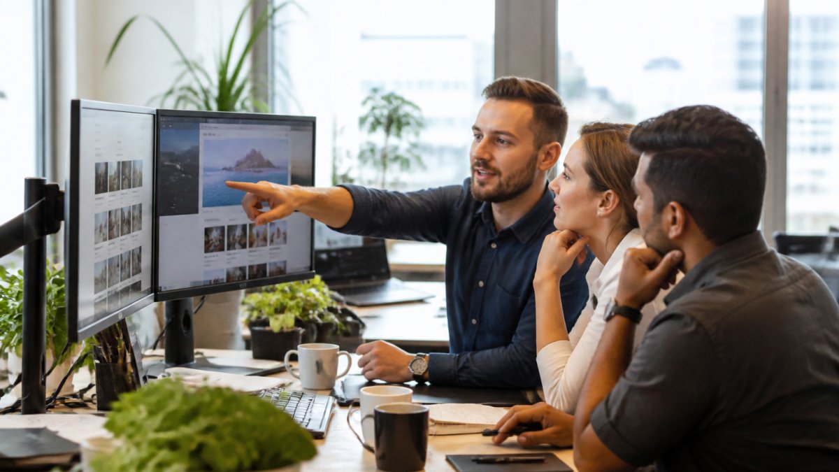 Marketing team collaborating at desk reviewing AI-generated content on multiple monitors, with one team member pointing at analytics dashboard showing engagement metrics in bright modern office