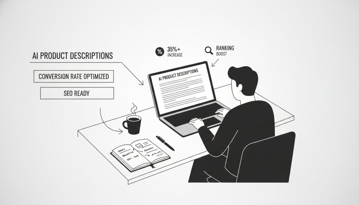 Shopify seller at desk reviewing AI-generated product descriptions on laptop screen, with coffee cup and editing notes visible on notebook, natural window lighting