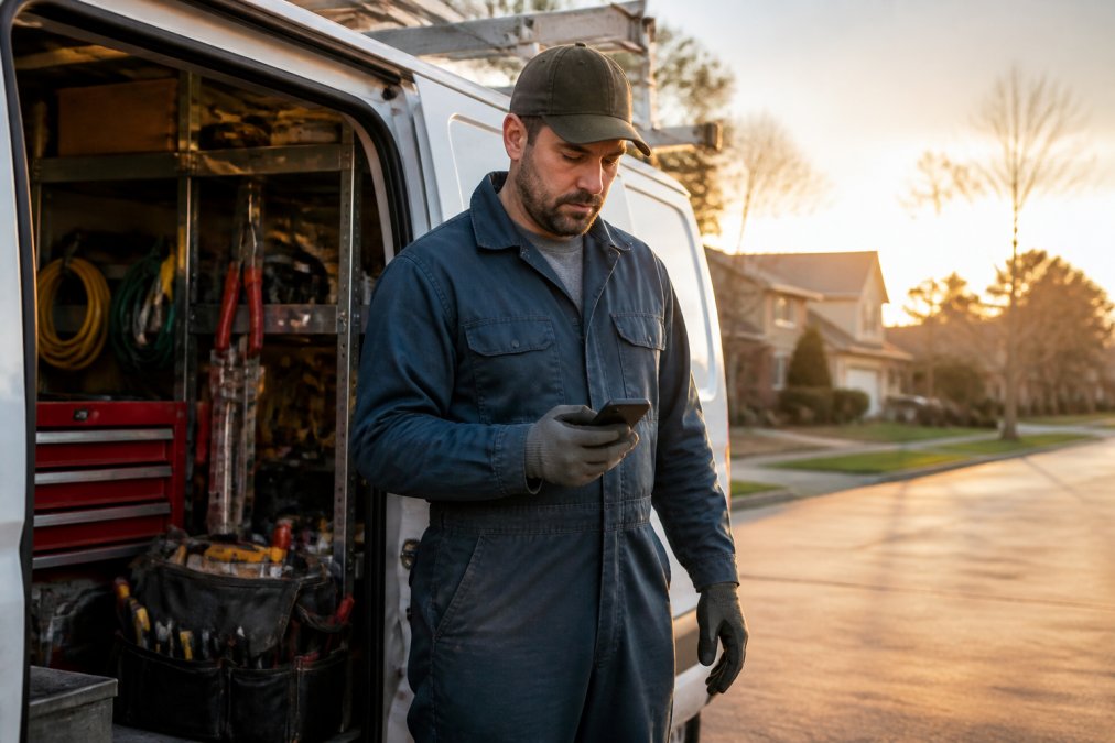 A tradesperson in work clothes and gloves checking a smartphone while standing next to a service van, tools visible in the open back doors, late afternoon light