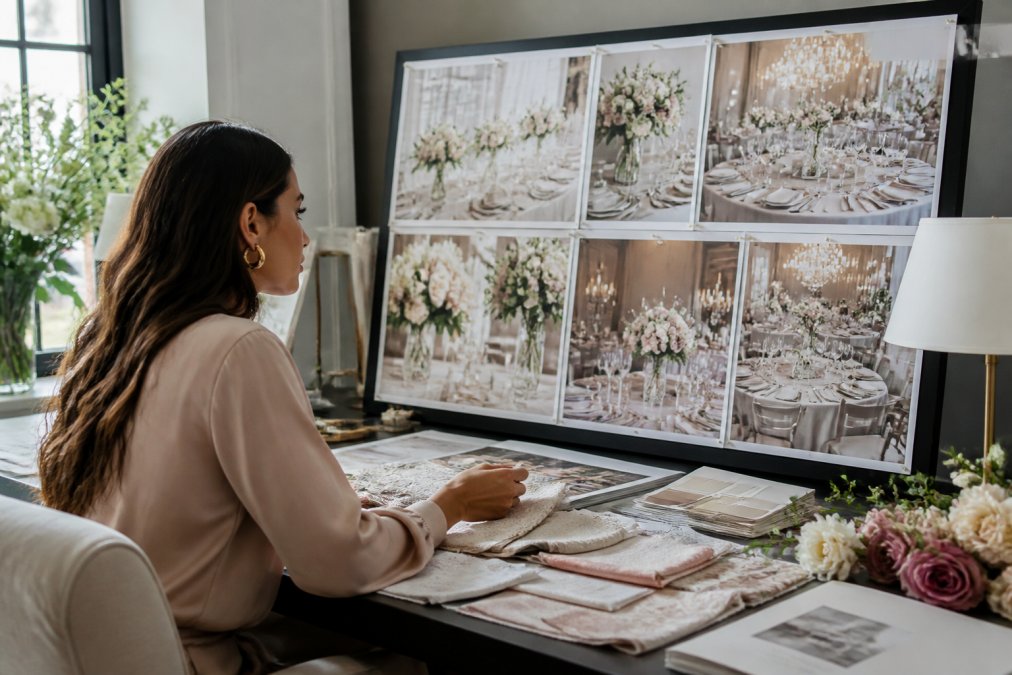 A wedding planner seated at a large monitor in a well-lit studio, reviewing photorealistic AI-generated tablescape renderings while fabric swatches, floral samples, and a mood board are spread across the desk beside her