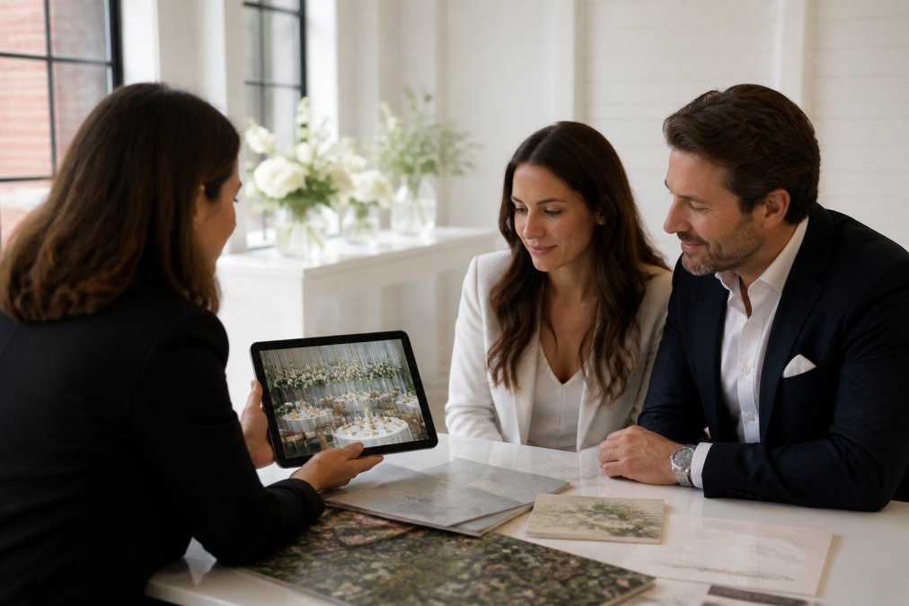 A professional event designer holding a tablet displaying a digital event design mockup, showing it to a well-dressed client couple seated across from her in a bright, modern studio with large windows and white walls