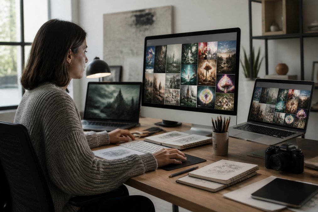 Creative professional at desk with multiple monitors displaying AI-generated design concepts and natural language prompts visible on screen, modern studio lighting