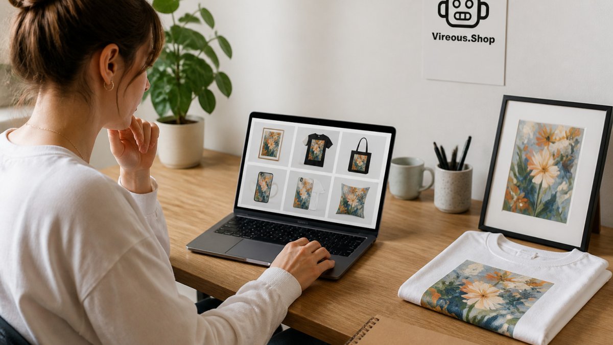 Small business owner reviewing AI-generated product images on a laptop at a tidy home desk