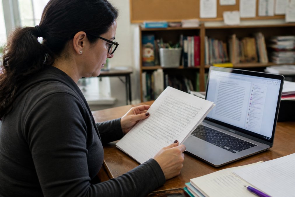 Teacher reviewing a student's digital and handwritten work to maintain assessment control at a desk