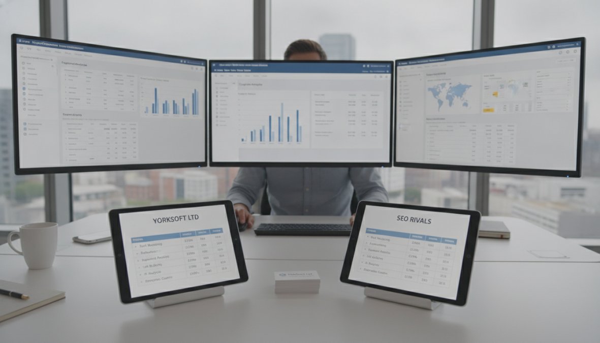Marketing professional reviewing competitive keyword analysis data on multiple monitors in bright modern office, with analytics dashboards and charts visible on screen