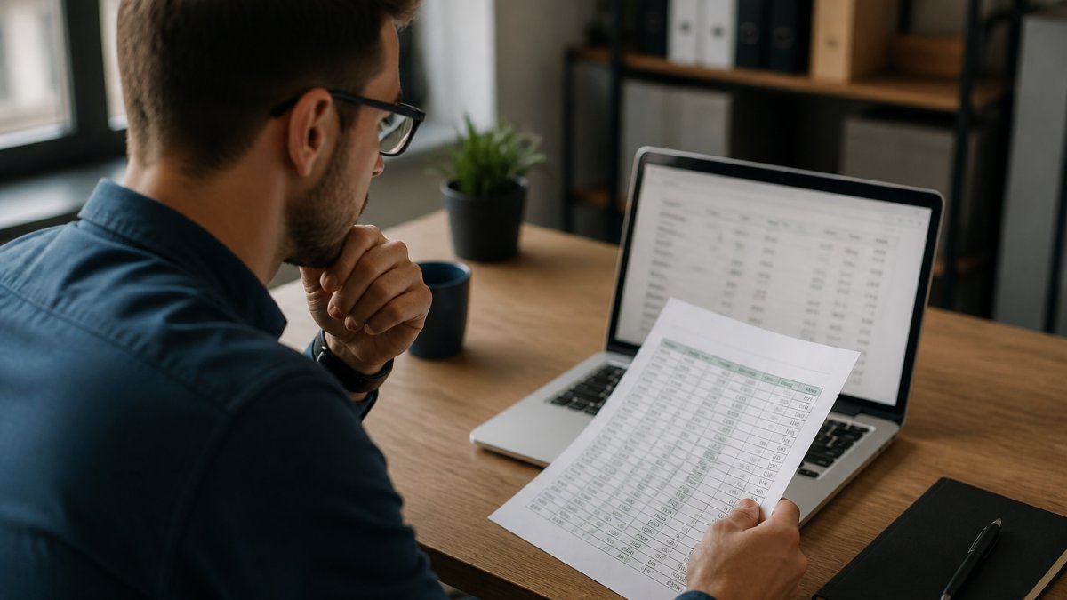 Analyst comparing AI prompt log spreadsheet against a visibility dashboard on a laptop