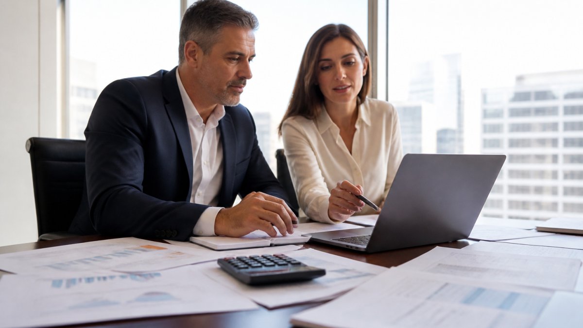 A financial manager and a colleague reviewing forecasting scenarios on a laptop in a bright office, printed statements and a calculator on the desk