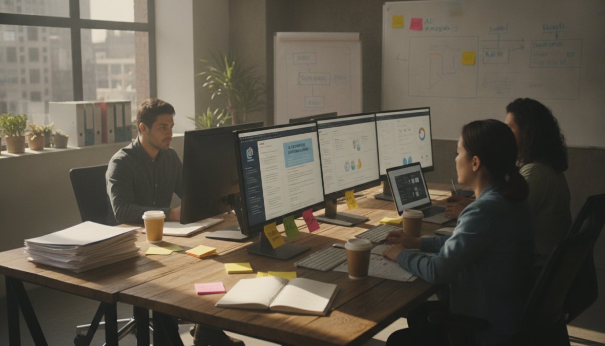 Content team reviewing AI-generated content briefs on multiple monitors in a modern marketing office, with sticky notes and strategy documents visible on the desk