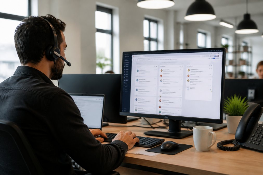 Support agent reviewing a live chat dashboard to provide 24/7 client support in a modern office.