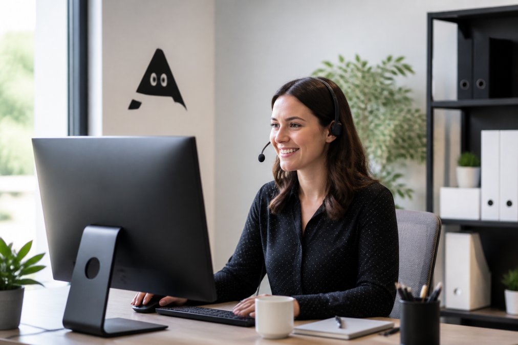 Customer service representative at desk with headset, smiling while reviewing customer interactions on a computer screen in a modern office environment with natural lighting