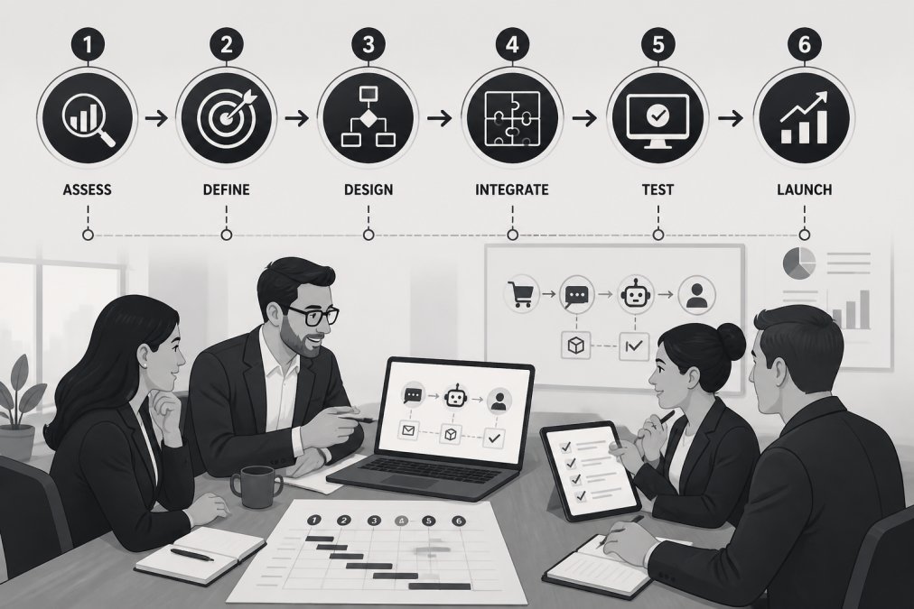 Team of business professionals gathered around a conference table reviewing implementation plan on laptop and tablet, discussing workflow integration in a modern office setting