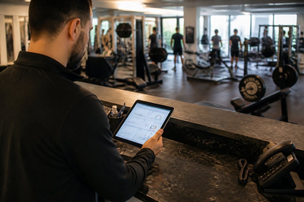 A fitness studio manager reviewing member attendance dashboards on a tablet at the front desk, with a gym floor visible behind them