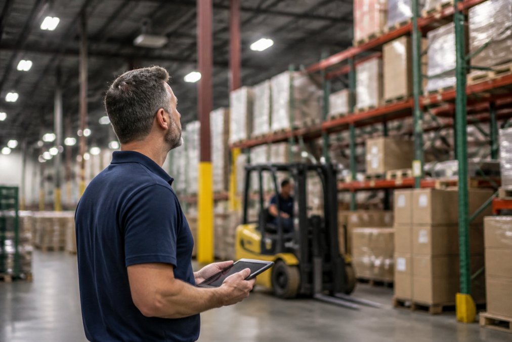 Warehouse operations supervisor reviewing live inventory and dispatch status on a wall-mounted monitor, forklift and shelving visible in the background under industrial lighting