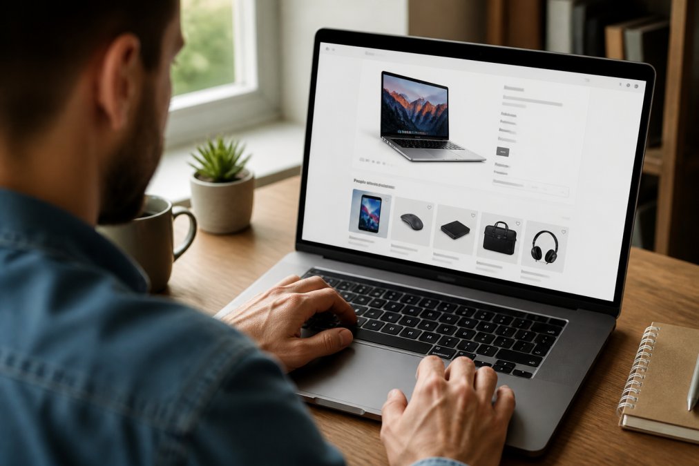 A person browsing a laptop in a modern home office, with a visually rich ecommerce product page displayed on screen showing multiple suggested items in warm natural light