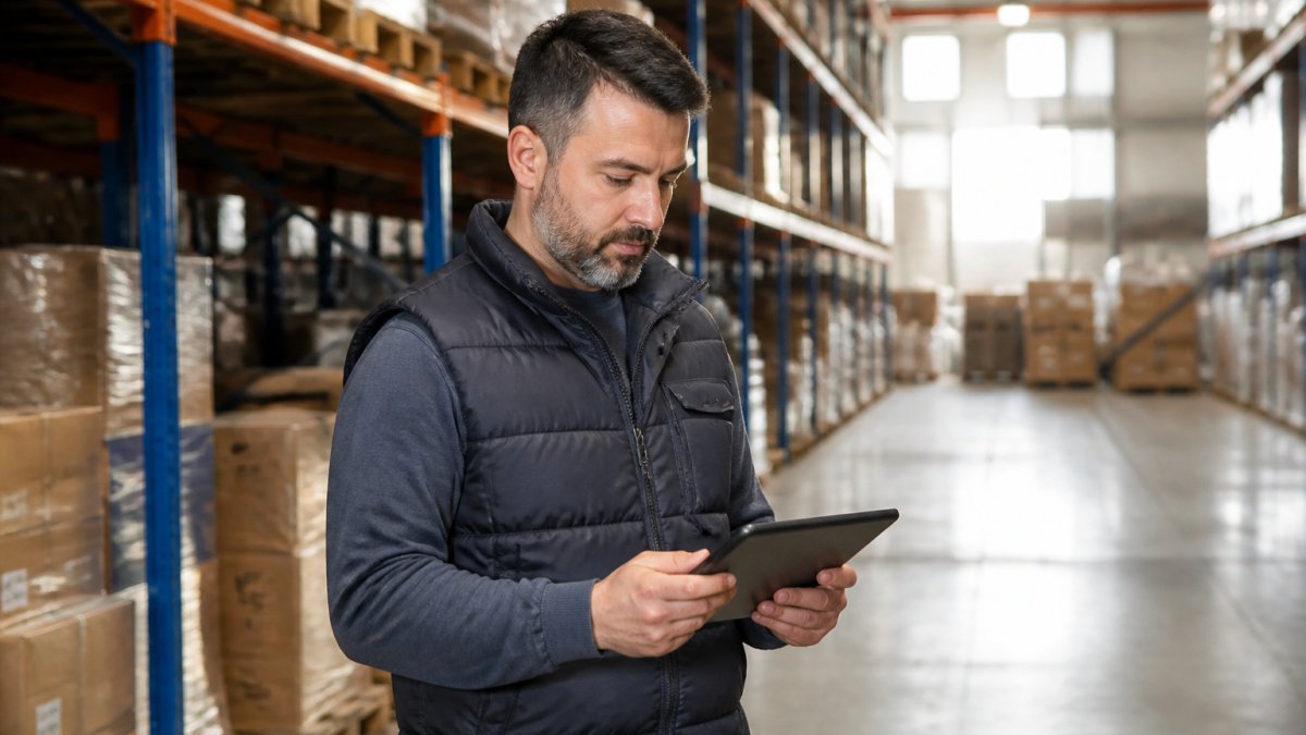 Warehouse manager reviewing real-time inventory data on tablet while standing in organized shelving area with boxes and pallets, natural warehouse lighting