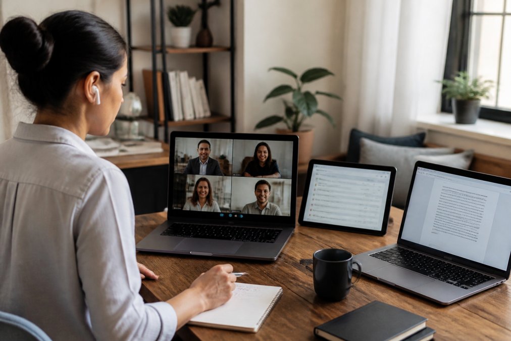 Professional team on video call with multiple laptop screens showing shared documents and collaborative tools in modern home office setting