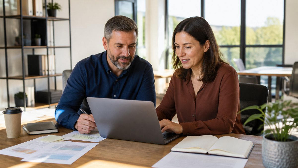Small business owners reviewing process workflows to prepare for AI for small business operations.