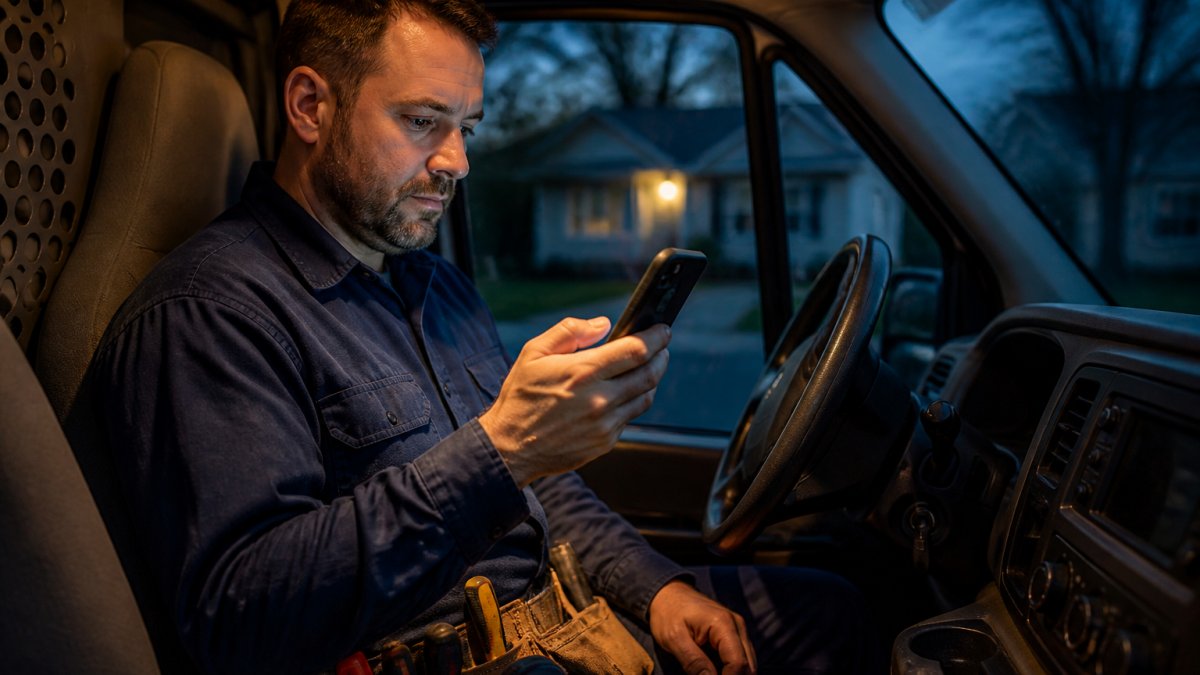 Electrician using AI for small electrical business to manage after-hours calls on a smartphone in his van at dusk.