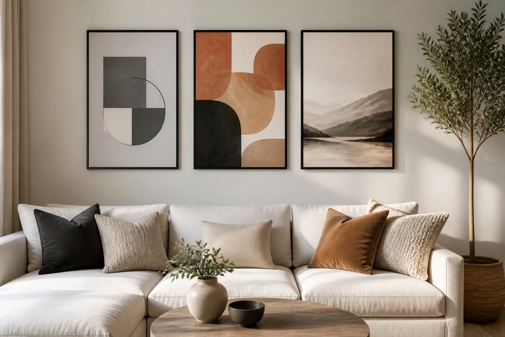 Modern living room with neutral walls displaying three framed AI-generated canvas prints in complementary styles, one minimalist geometric in grays and whites, one abstract with warm earth tones, and one subtle digital landscape, arranged in a gallery wall above a contemporary sofa with natural afternoon lighting