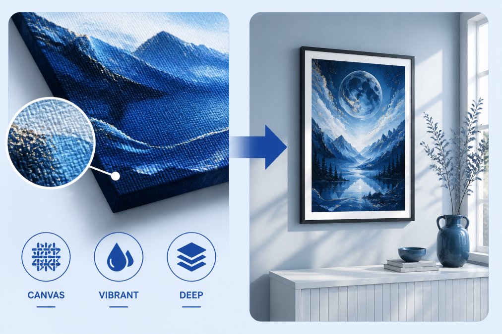 Close-up of premium canvas texture with vibrant AI-generated artwork showing color depth and detail, with a framed print of similar AI art hanging on a soft gray wall in natural window light