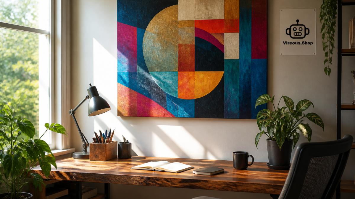 Vibrant abstract canvas print hanging above a wooden desk in a sunlit home office workspace
