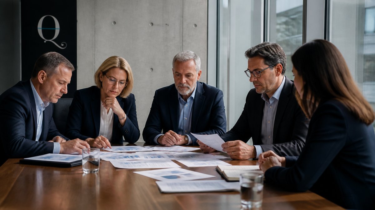 A boardroom meeting with senior executives and a governance lead reviewing printed AI risk reports around a long table, natural window light, serious and focused atmosphere