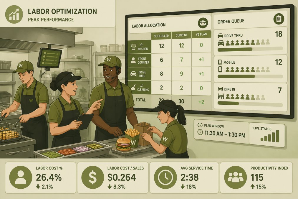 Fast food kitchen staff collaborating during peak service, with digital scheduling display visible on wall showing real-time labor allocation and order queue