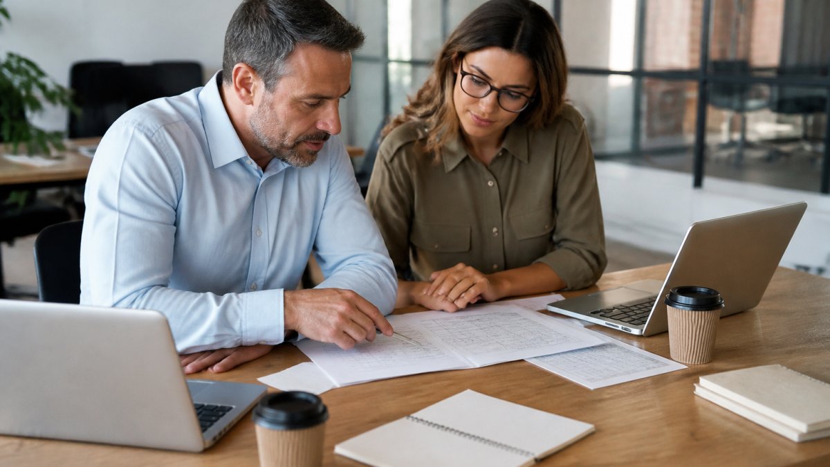 Small business owner and team member reviewing AI implementation plans and budget spreadsheets together at a desk with laptops, notebooks, and coffee cups in a bright office setting