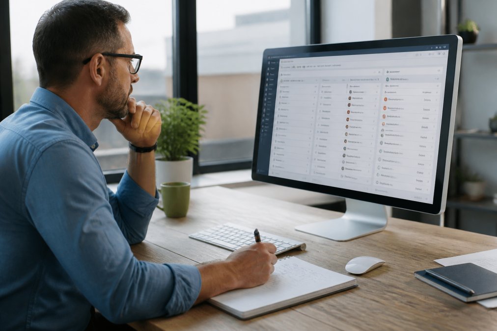 Business owner or sales manager reviewing CRM dashboard on desktop monitor with notebook and pen on desk, natural office lighting