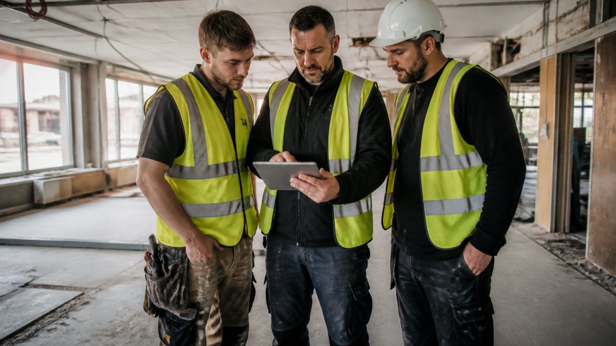 A site manager reviewing plans on a tablet with a joiner and M&E engineer in a partially stripped commercial interior, natural light, high-vis vests, focused collaboration