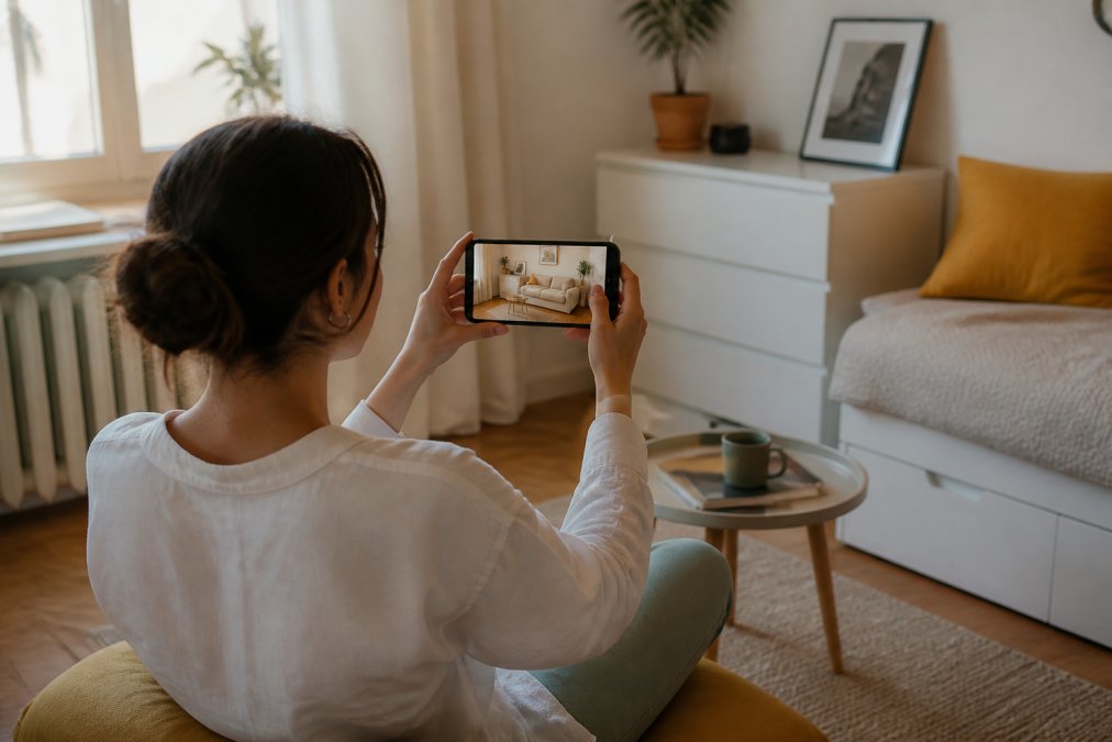 A young woman sitting on a floor cushion in her small apartment living room, holding a smartphone up to compare the real room with a photorealistic AI render of the same space showing a new sofa and warmer lighting