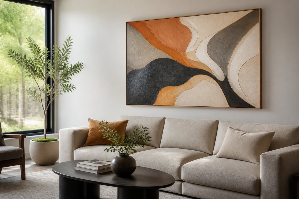 Process diagram for incorporating AI interior design abstract art into a bright, modern living room space.